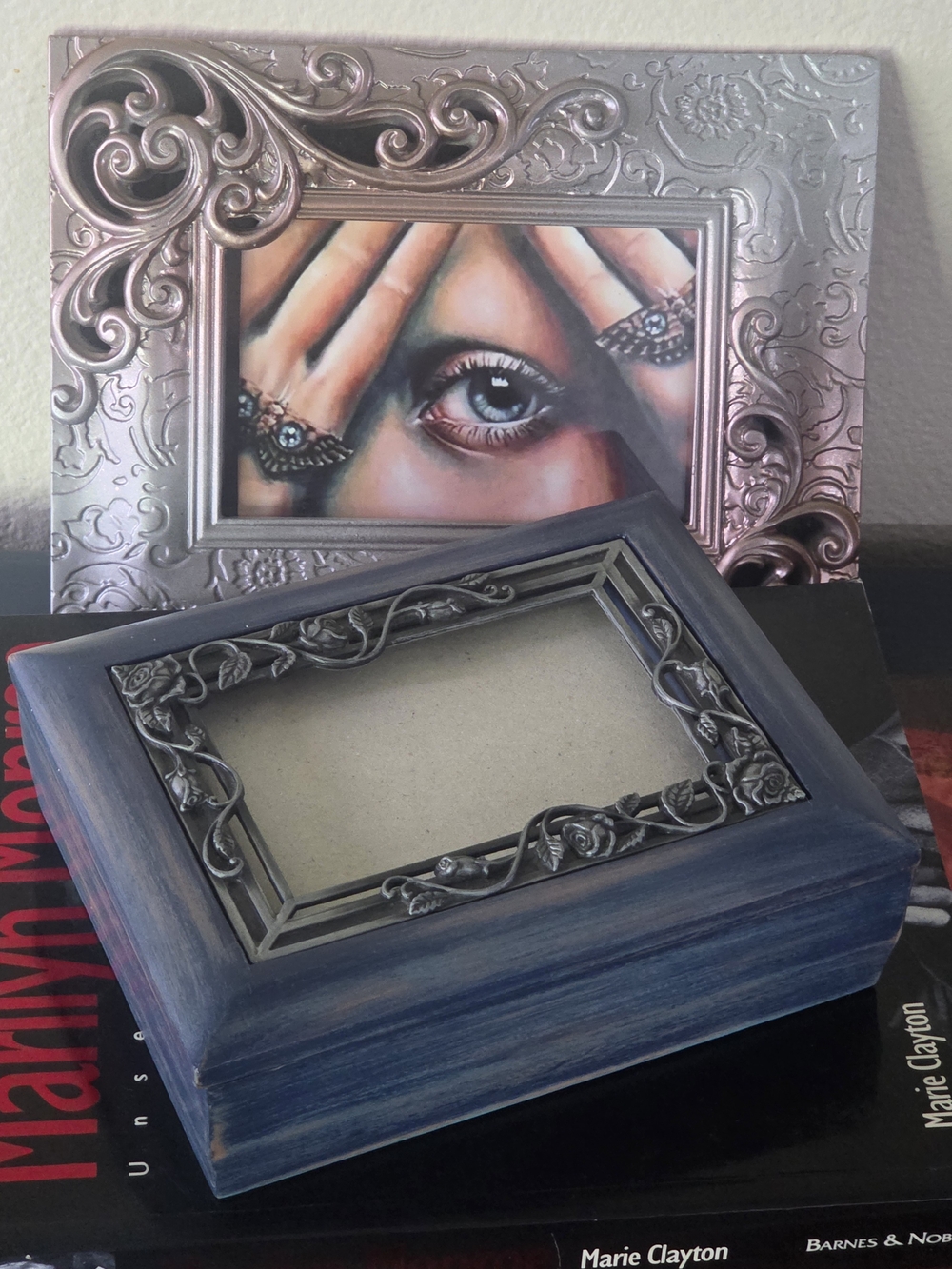 Decorative Blue Wooden Keepsake Box with Ornate Frame